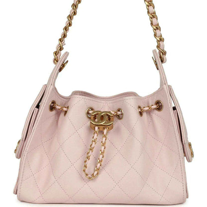 Pink mini hobo bag, diamond quilting, gold chain strap and CC hardware