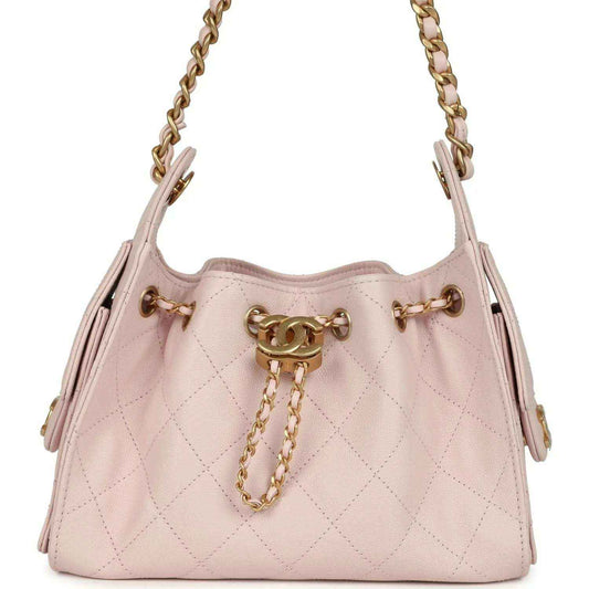 Pink mini hobo bag, diamond quilting, gold chain strap and CC hardware