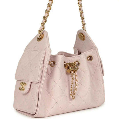 Pink mini hobo bag, front flap pocket, gold chain strap and CC hardware