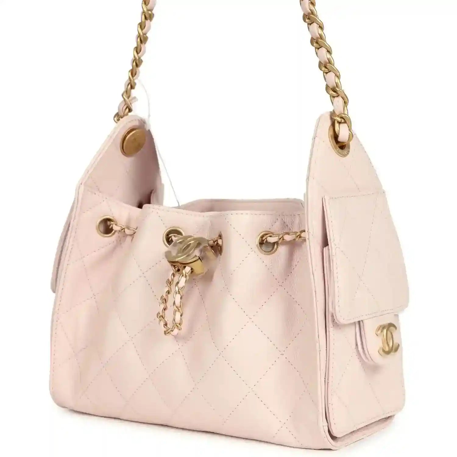 Pink mini hobo bag, logo charm, quilted body and gold chain strap