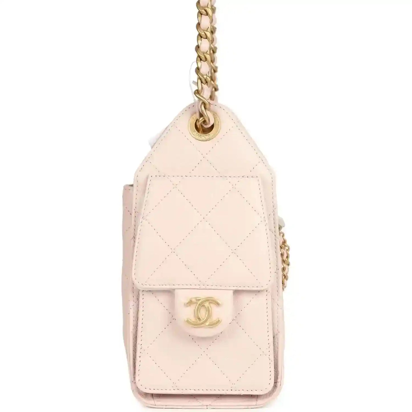 Pink mini hobo bag, flap and gold chain, diamond quilting and CC medallion