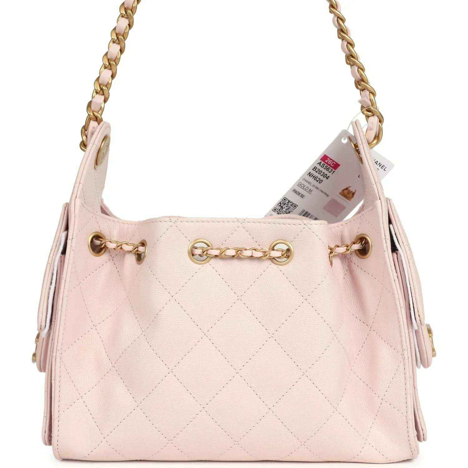 Pink mini hobo bag, diamond quilting, gold rings and chain strap