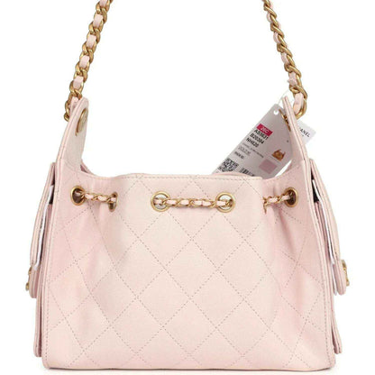 Pink mini hobo bag, diamond quilting, gold rings and chain strap