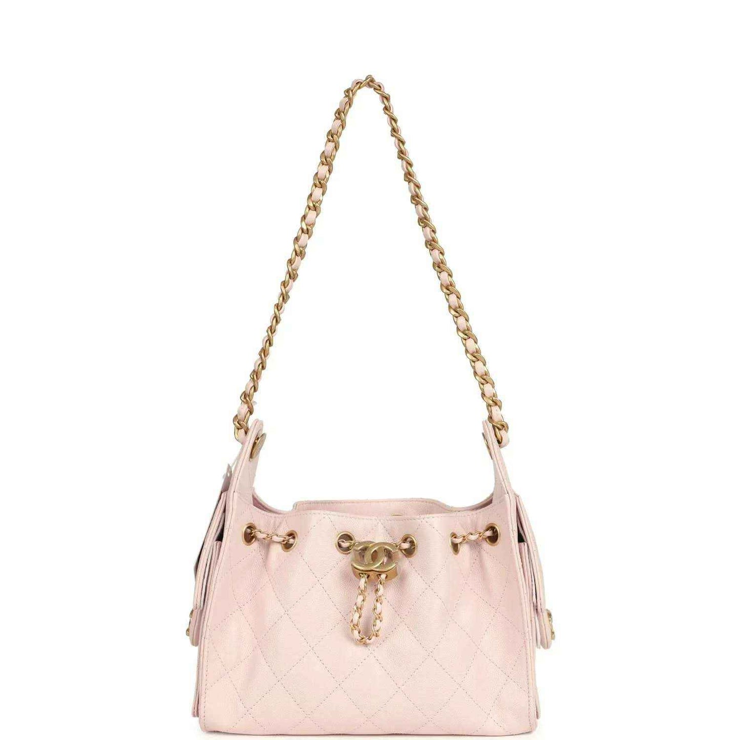 Pink mini hobo bag with gold chain handle, quilted body and side tassel