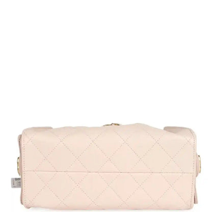 Pink mini hobo bag with top flap, diamond quilting and gold chain strap