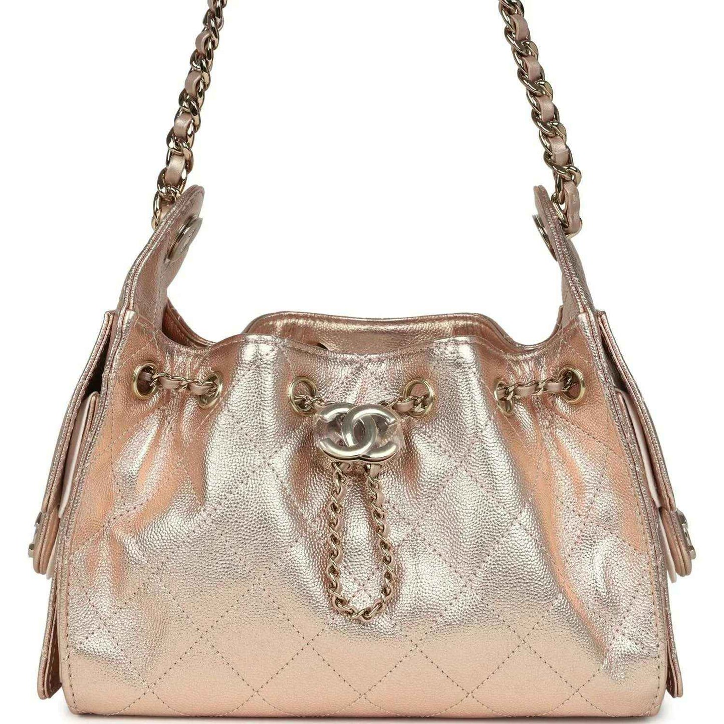 Metallic mini hobo bag with chain straps and Chanel CC logo, rose-gold quilted finish