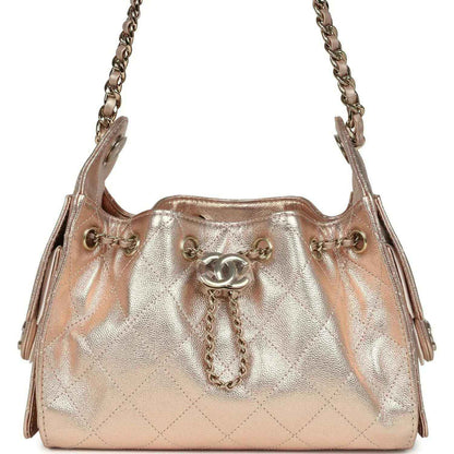 Metallic mini hobo bag with chain straps and Chanel CC logo, rose-gold quilted finish