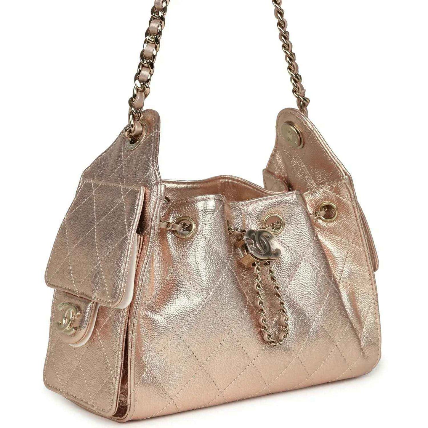 Metallic mini hobo bag with side flap pockets and chain strap, rose-gold quilted texture