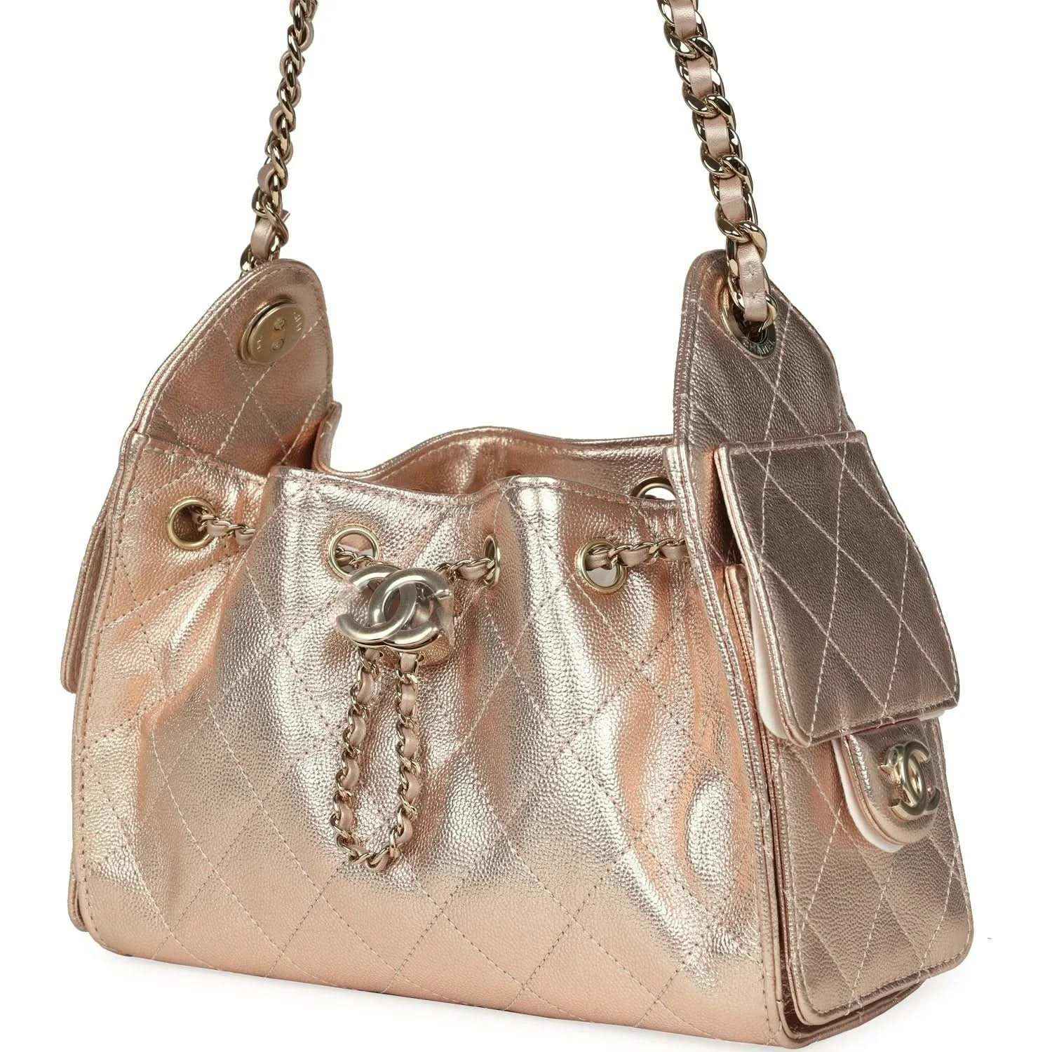 Metallic mini hobo bag with side flap pockets and Chanel CC logo on front, rose-gold shine