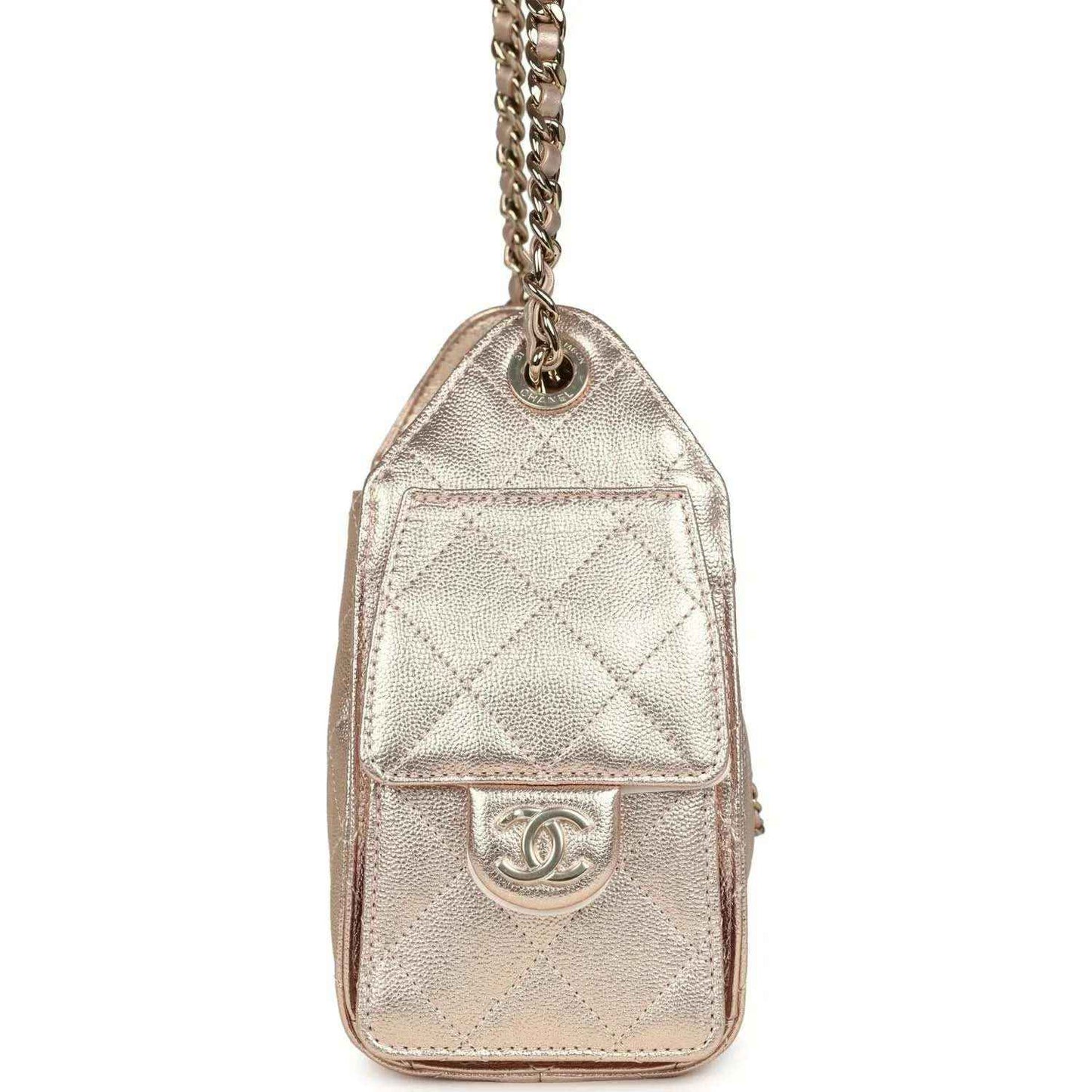 Metallic mini hobo bag front pocket with Chanel CC emblem and chain strap, rose-gold finish