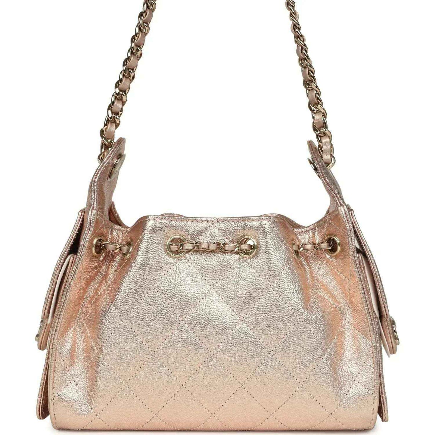 Metallic mini hobo bag front view with chain handles and quilted diamond pattern, rose-gold