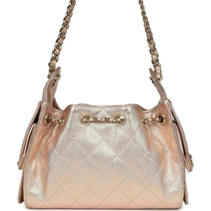 Metallic mini hobo bag front view with chain handles and quilted diamond pattern, rose-gold