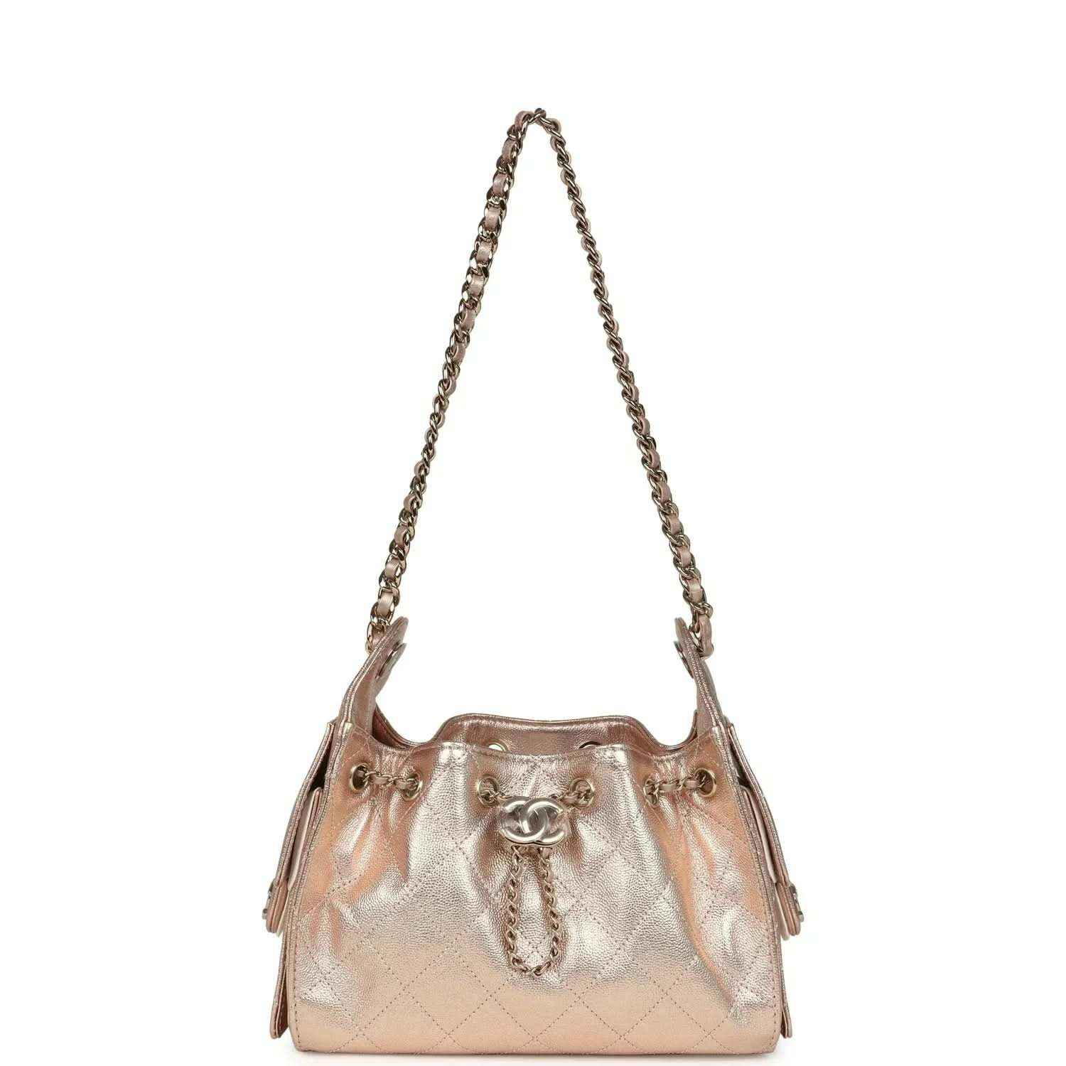 Metallic mini hobo bag top view with two chain straps, quilted diamond body, rose-gold tone
