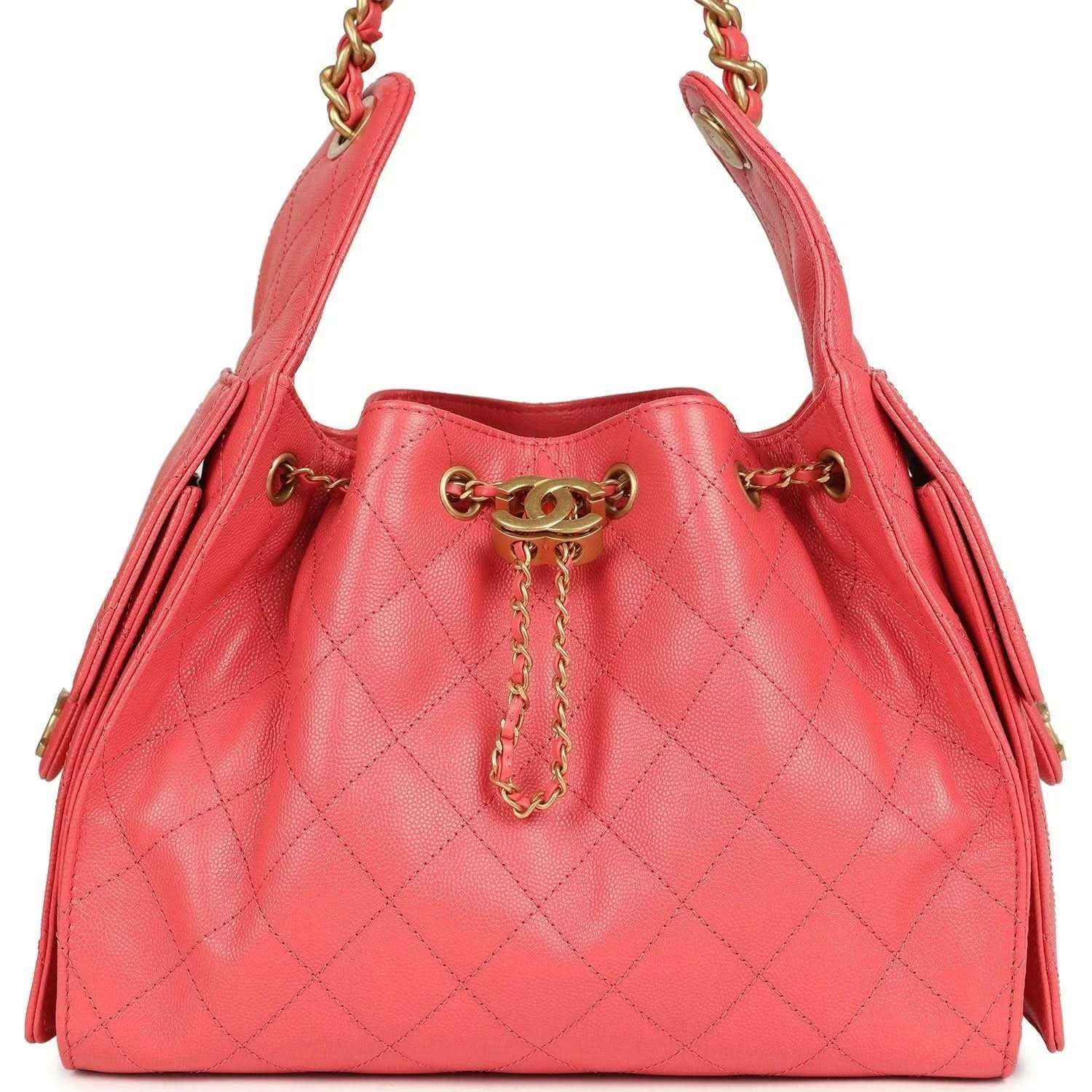 Chanel Small 25 hobo bag, coral pink quilted caviar leather, gold chain handles