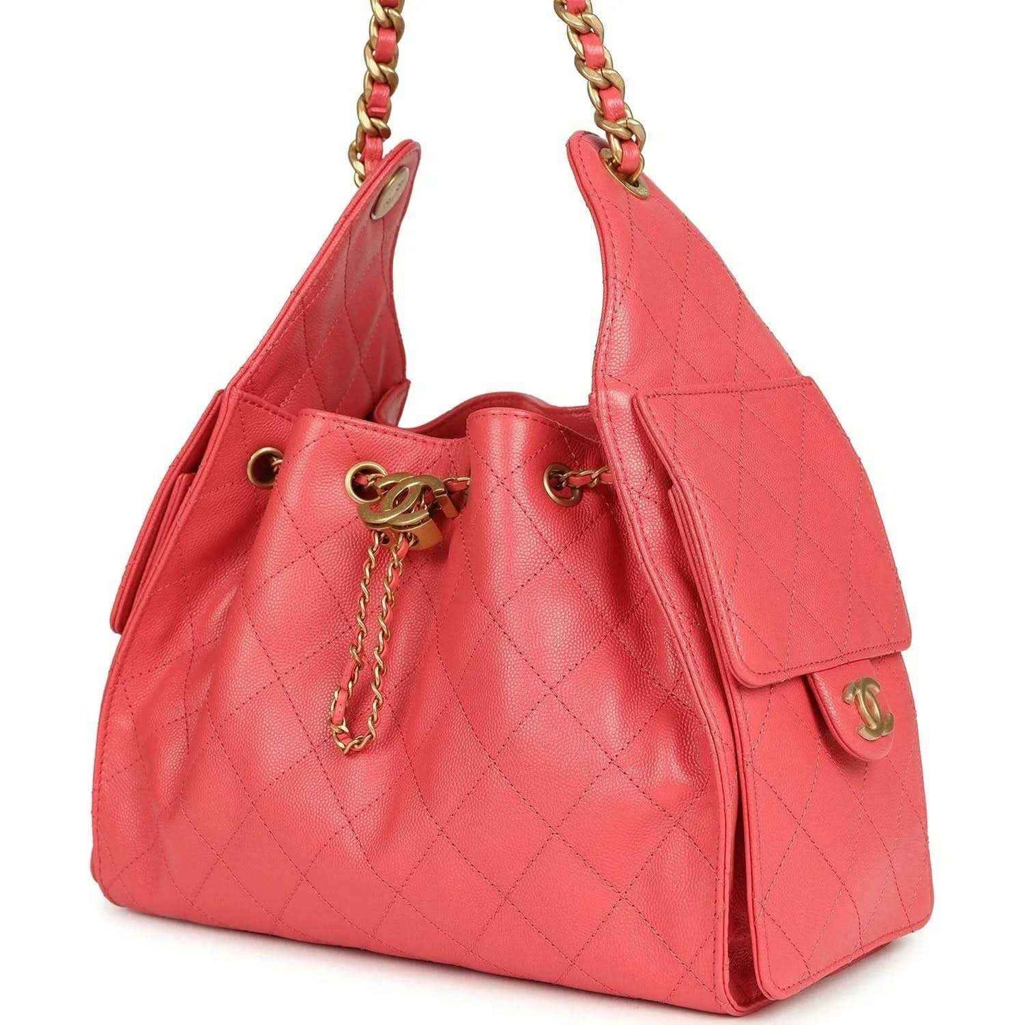 Chanel Small 25 hobo bag, coral pink quilted caviar leather, side tassel and gold charm