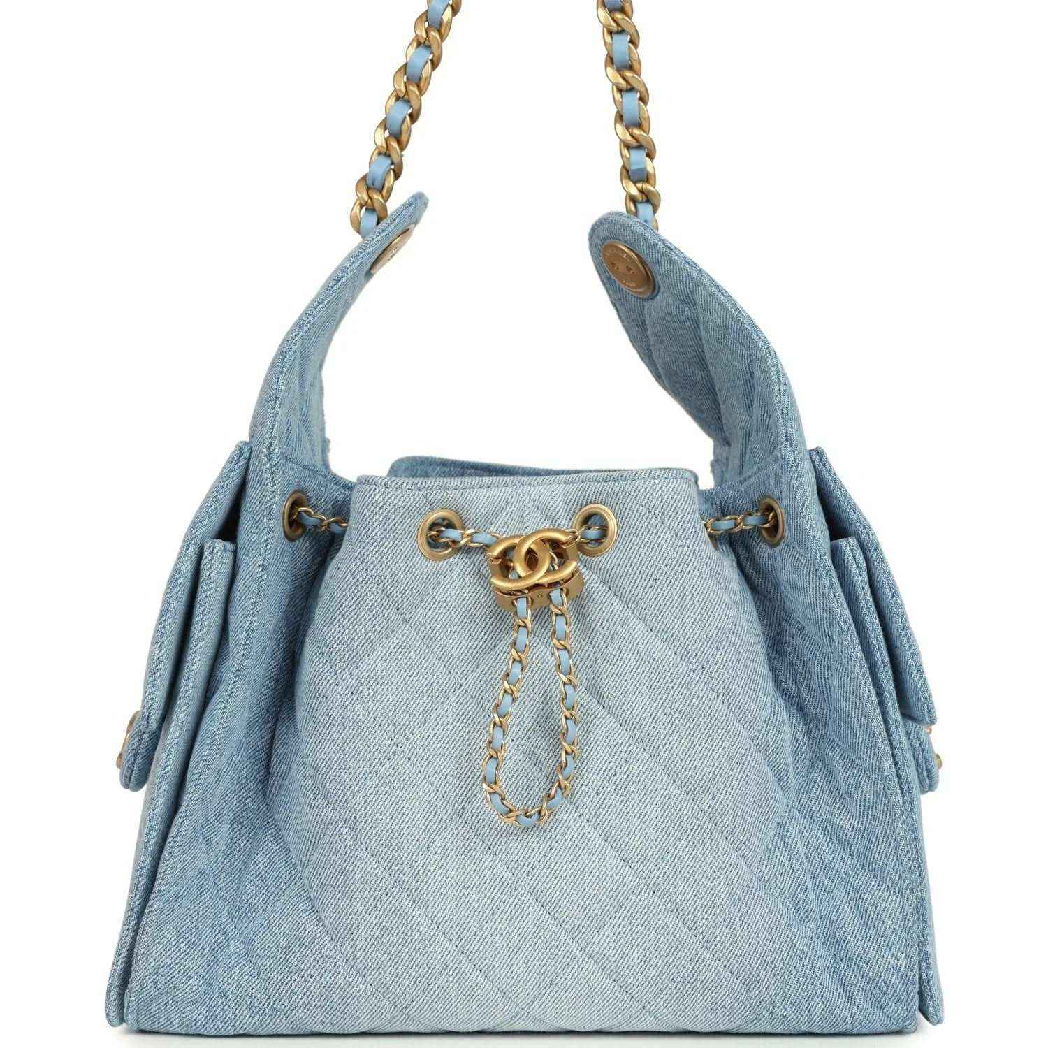 Chanel small hobo bag in light blue quilted washed denim with gold chain handles
