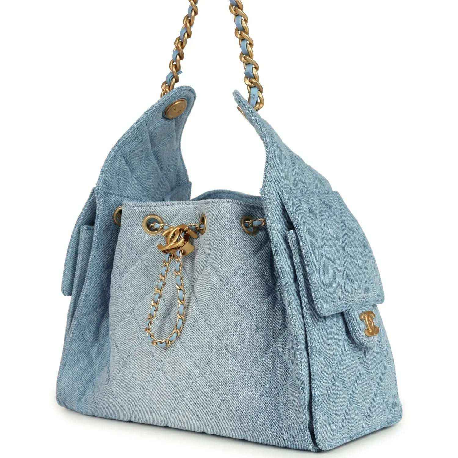 Chanel small hobo bag in light blue denim with gold chain handles and quilted body