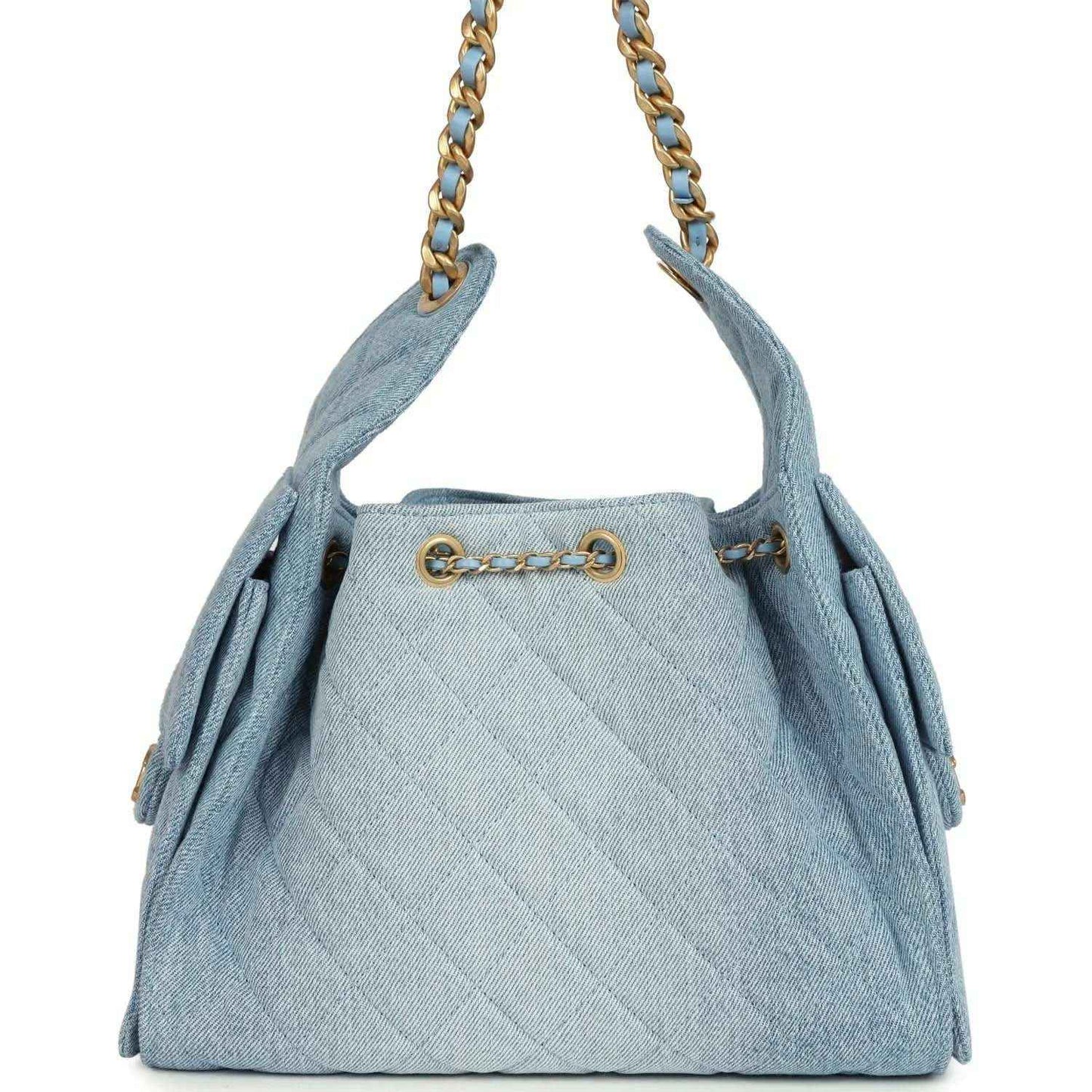 Chanel small hobo bag in light blue washed denim with gold chain handles and drawcord trim