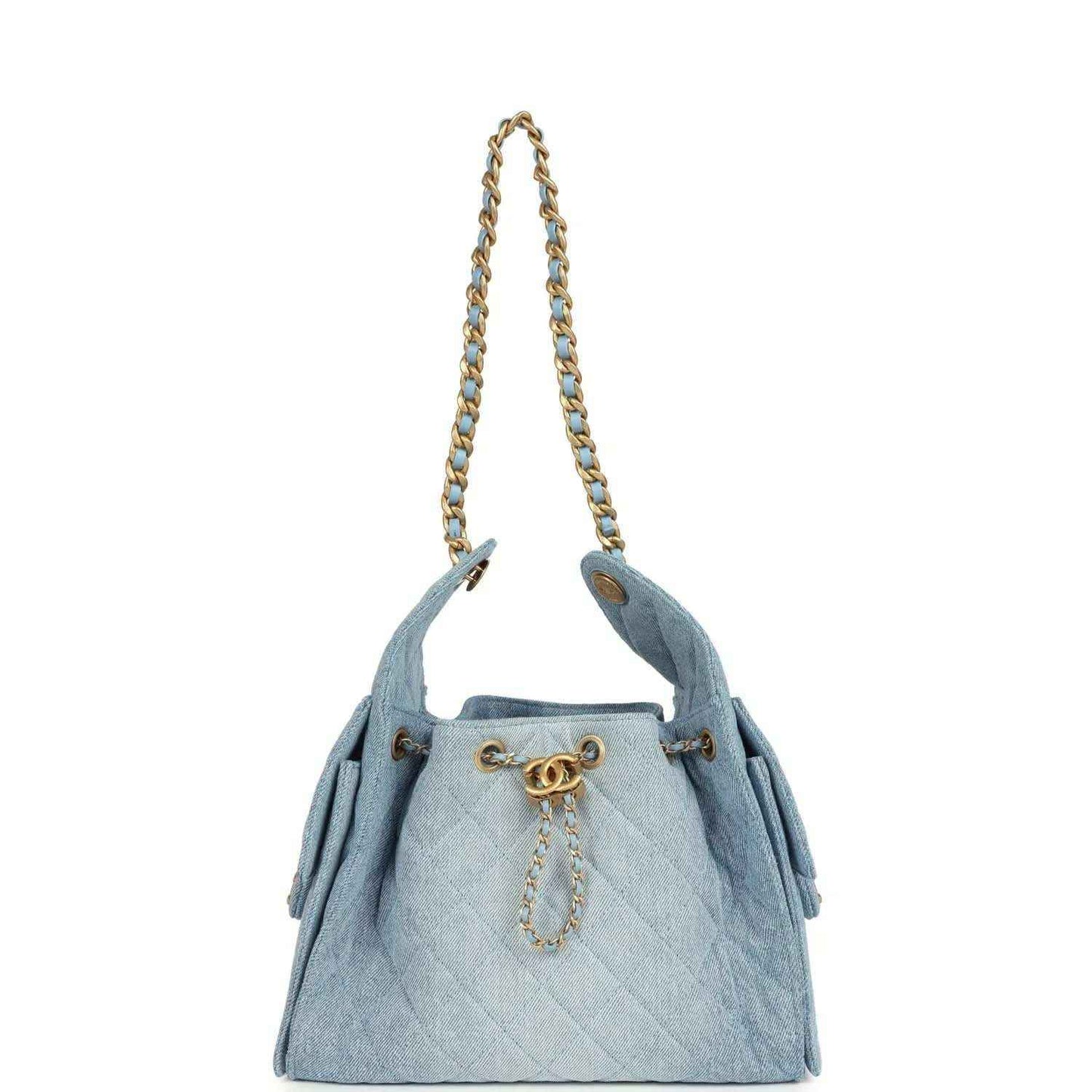 Chanel small hobo bag in light blue denim with gold chain handles and CC clasp