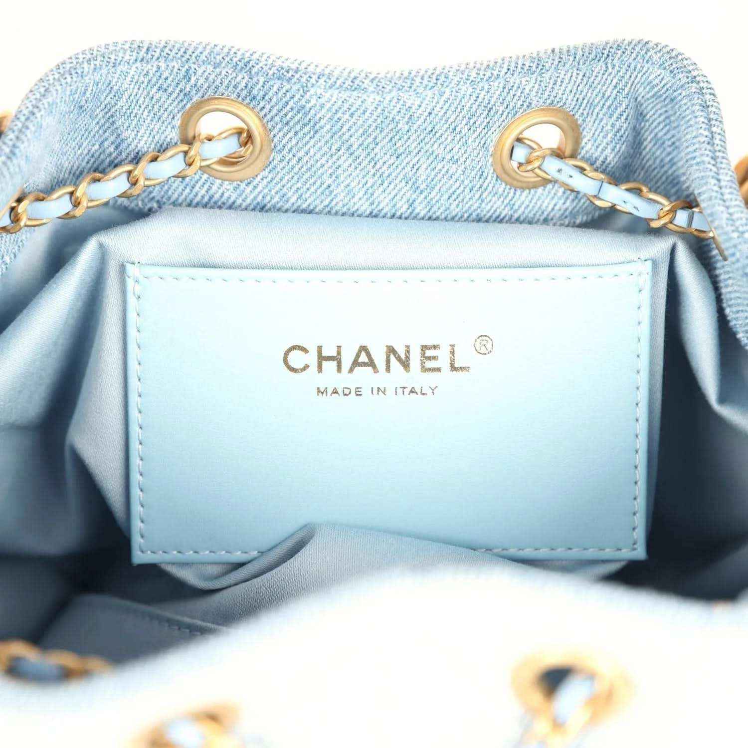 Chanel small hobo bag inner label with CHANEL logo and Made in Italy stamp