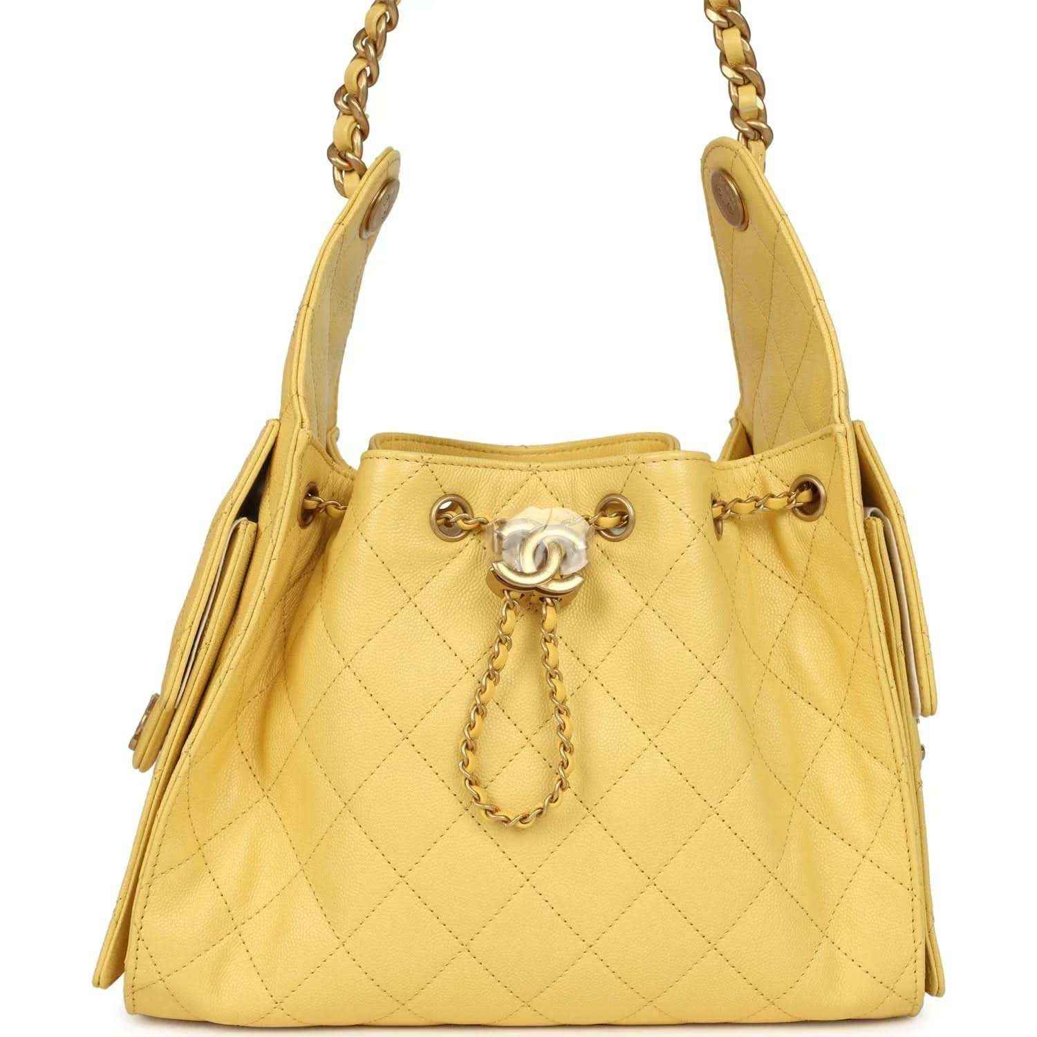Yellow quilted caviar hobo bag with chain handles, CC charm, gold hardware