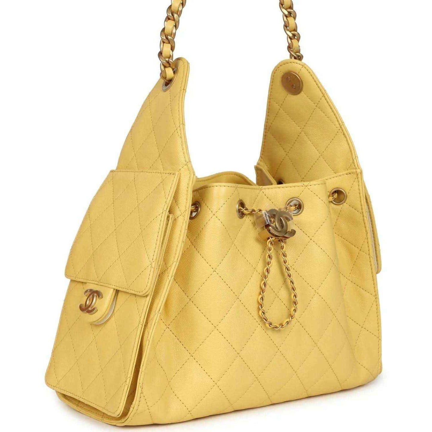 Yellow quilted caviar hobo bag with flap pocket, chain handles, CC charm