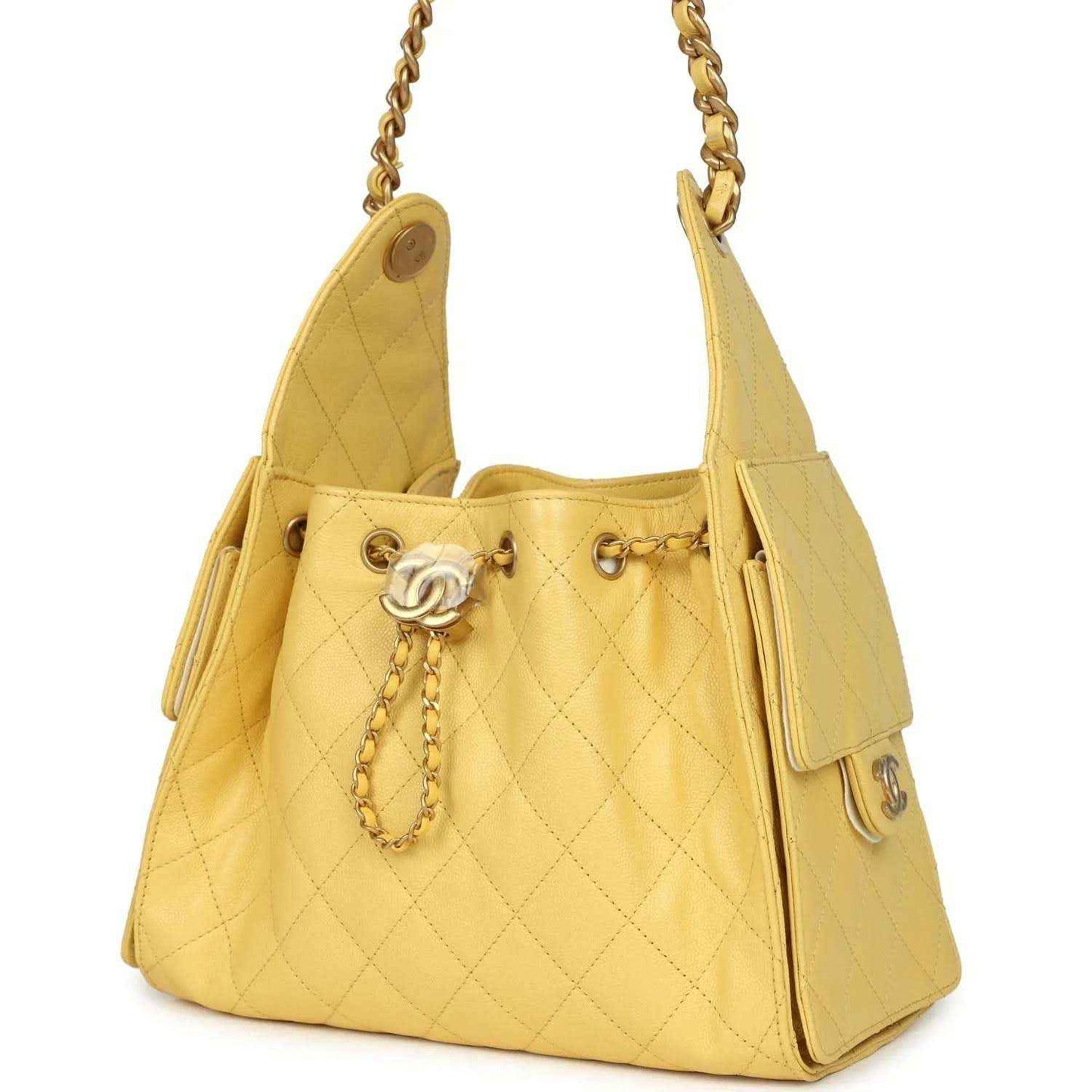 Yellow quilted caviar hobo bag with chain strap, tassel charm, gold hardware