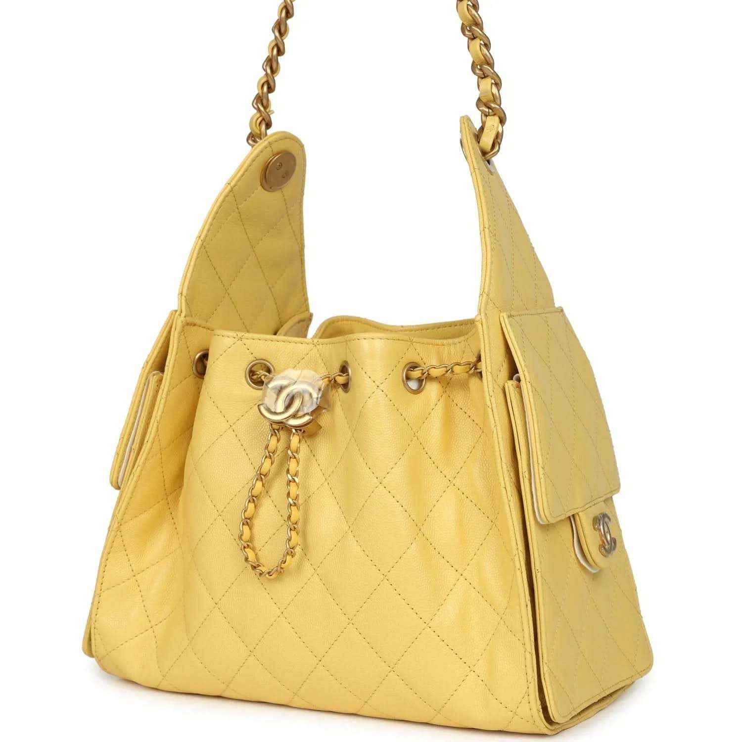 Yellow quilted caviar hobo bag with chain strap, tassel charm, gold hardware