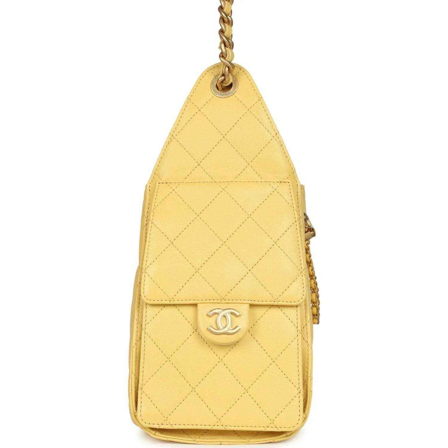 Yellow quilted caviar shoulder bag with chain and CC logo medallion