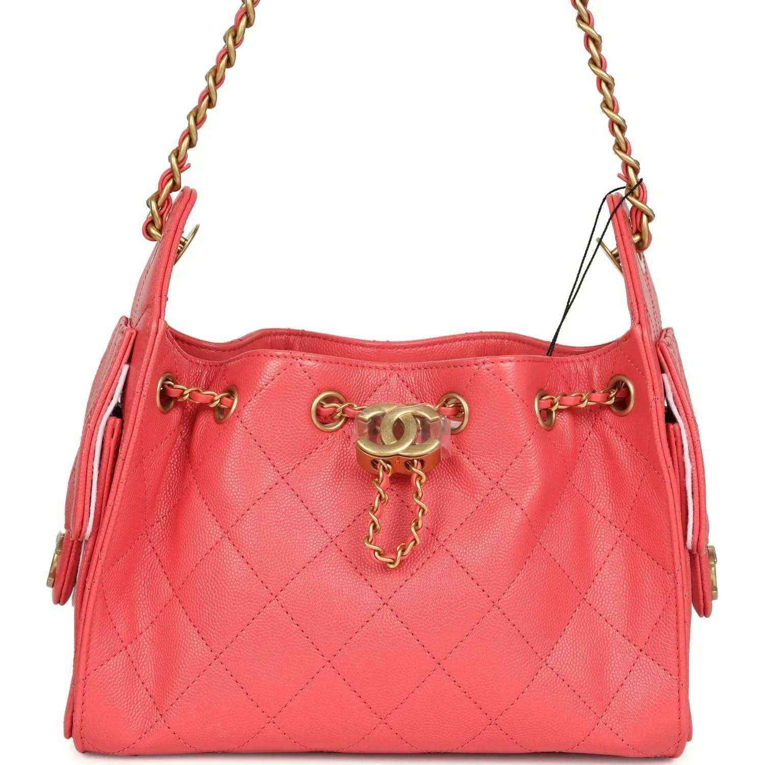 Coral pink quilted mini hobo bag with gold chain handles and front clasp