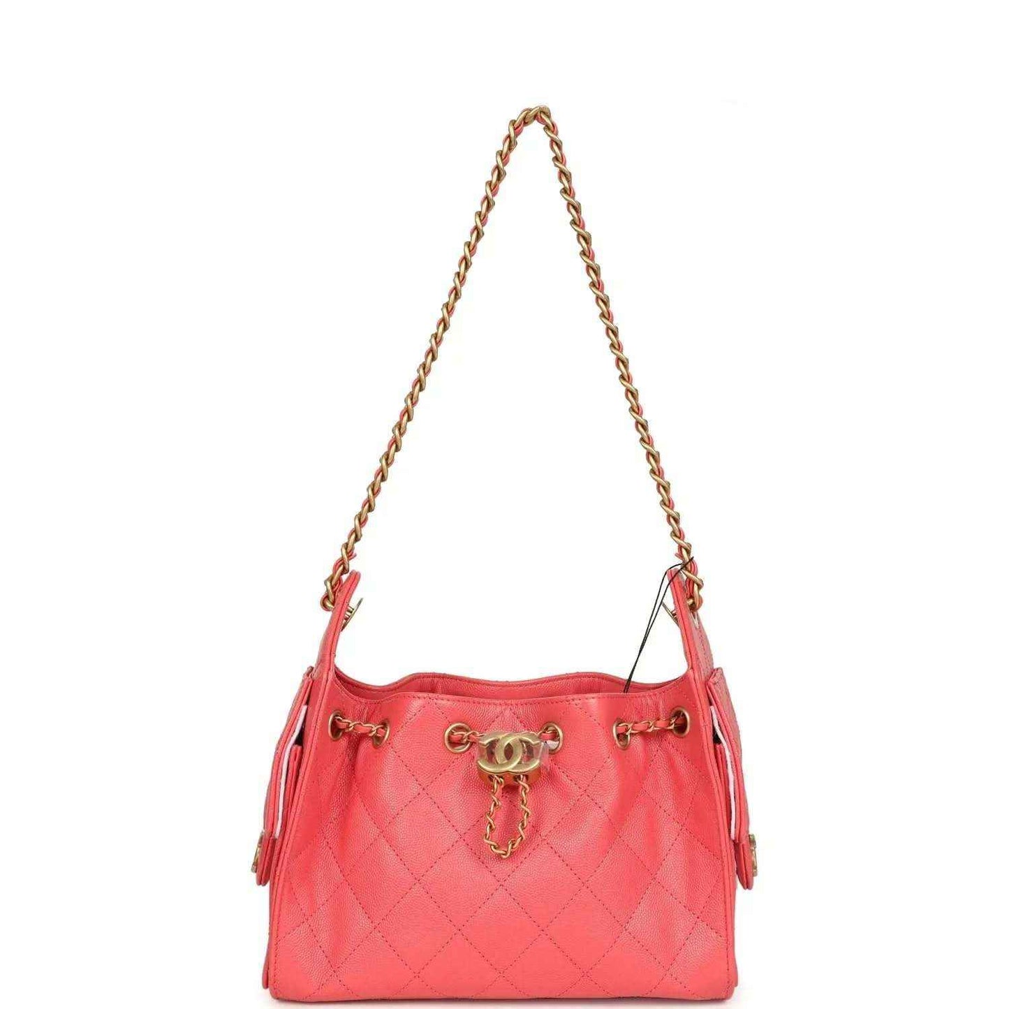 Coral pink quilted mini hobo bag with gold chain shoulder strap