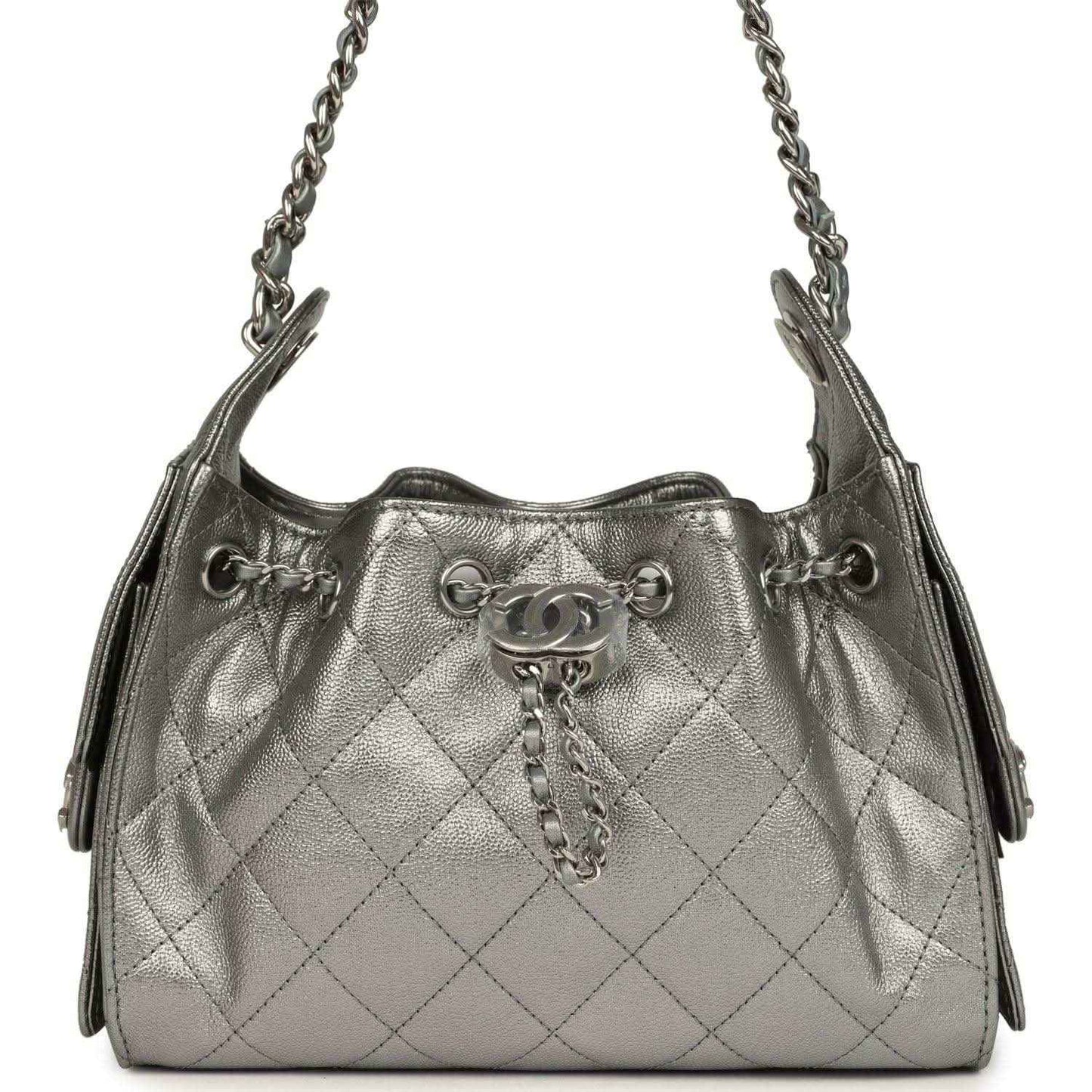 Chanel Mini 25 hobo bag in metallic anthracite quilted leather, silver chain handles