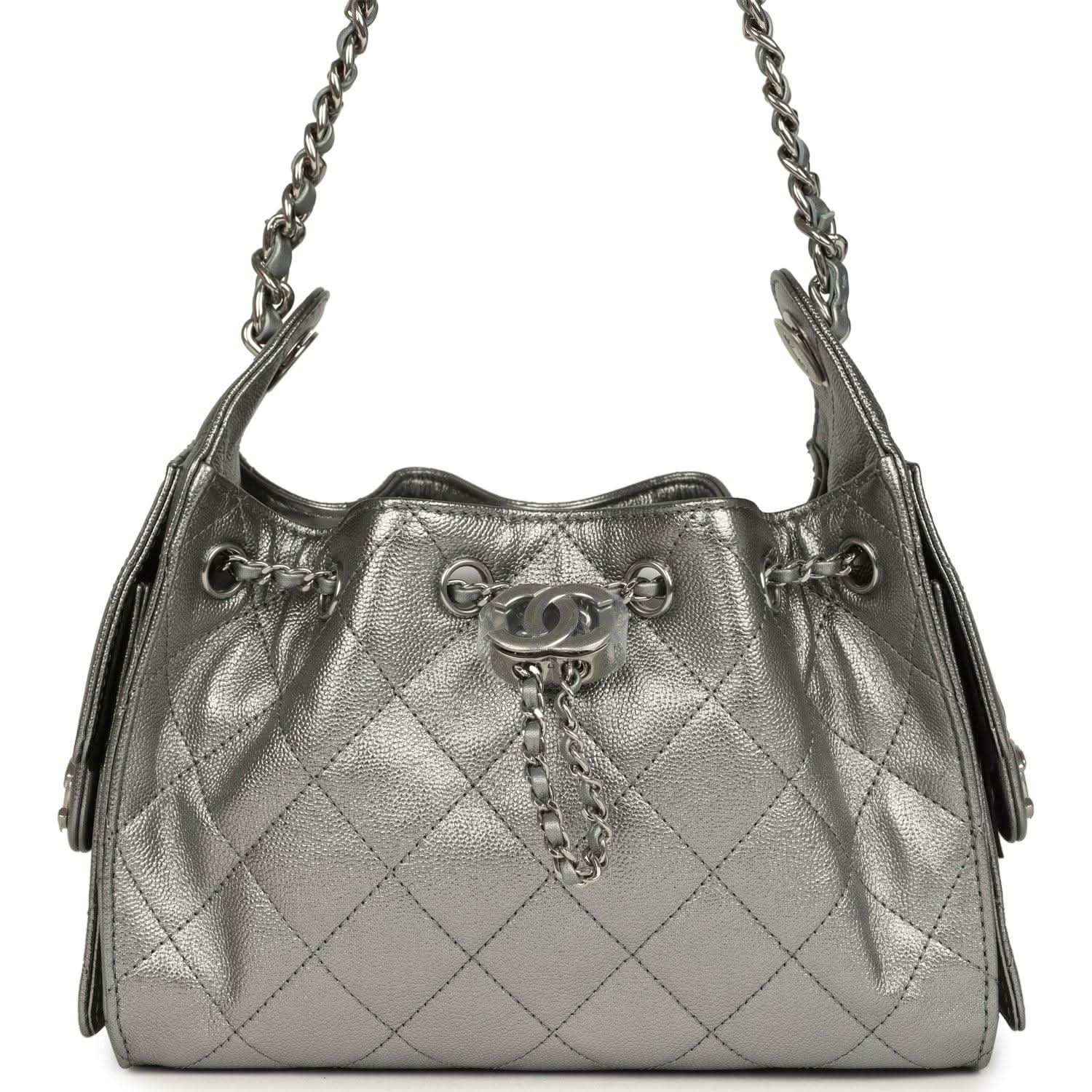 Chanel Mini 25 hobo bag in metallic anthracite quilted leather, silver chain handles