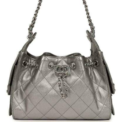 Chanel Mini 25 hobo bag in metallic anthracite quilted leather, silver chain handles