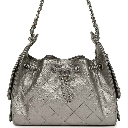Chanel Mini 25 hobo bag in metallic anthracite quilted leather, silver chain handles