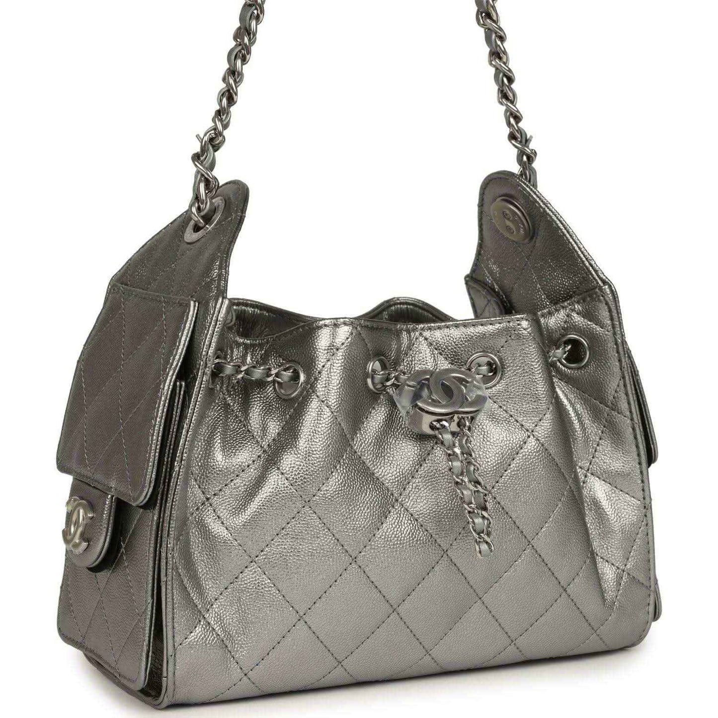 Chanel Mini 25 hobo bag with quilted metallic leather, front drawstring and silver hardware