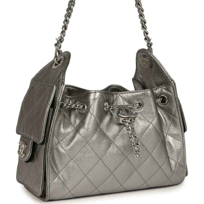 Chanel Mini 25 hobo bag with quilted metallic leather, front drawstring and silver hardware