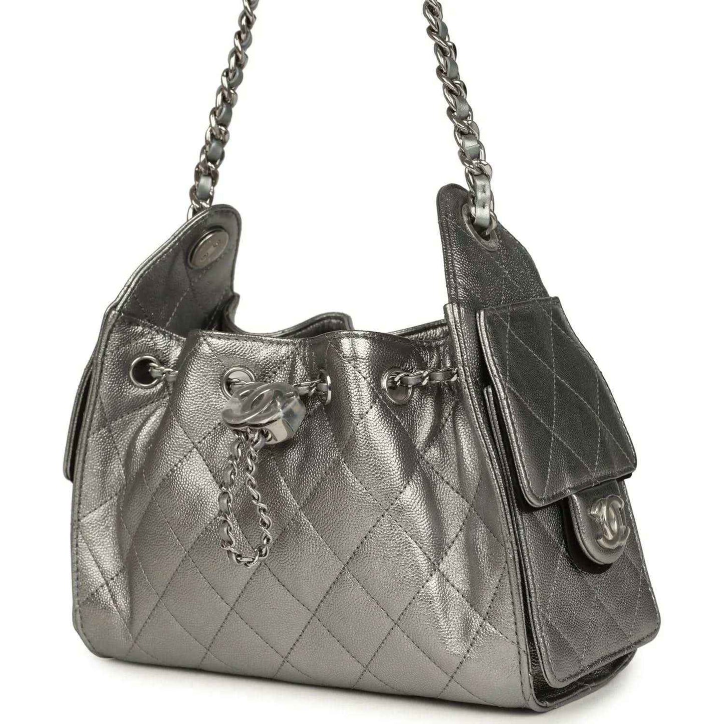 Chanel Mini 25 hobo bag front view, metallic quilted leather with side flap and silver chain
