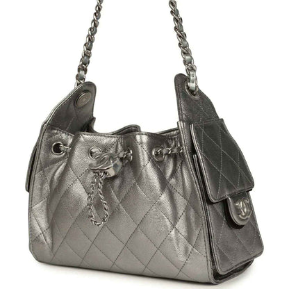 Chanel Mini 25 hobo bag front view, metallic quilted leather with side flap and silver chain