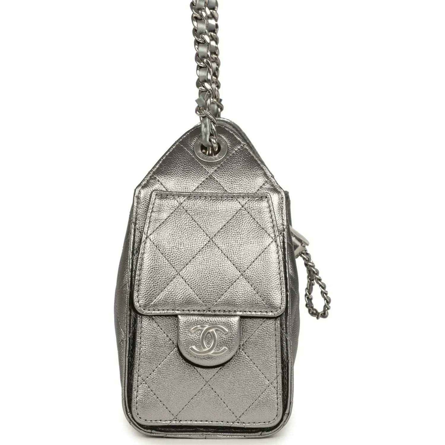 Chanel Mini 25 hobo bag charm pouch shape with quilted metallic leather and silver logo detail