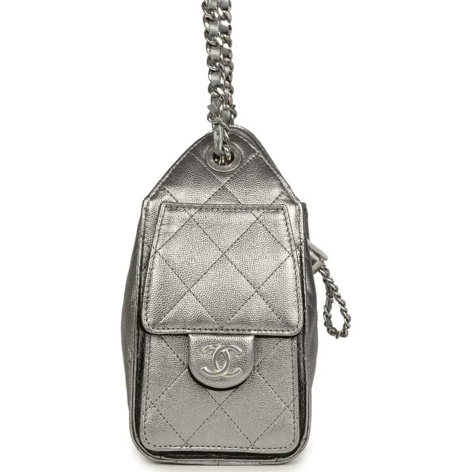 Chanel Mini 25 hobo bag charm pouch shape with quilted metallic leather and silver logo detail