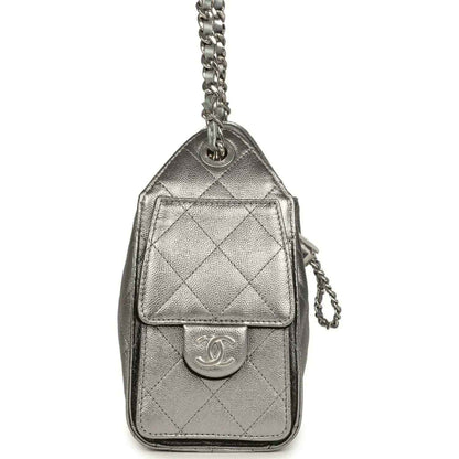 Chanel Mini 25 hobo bag charm pouch shape with quilted metallic leather and silver logo detail