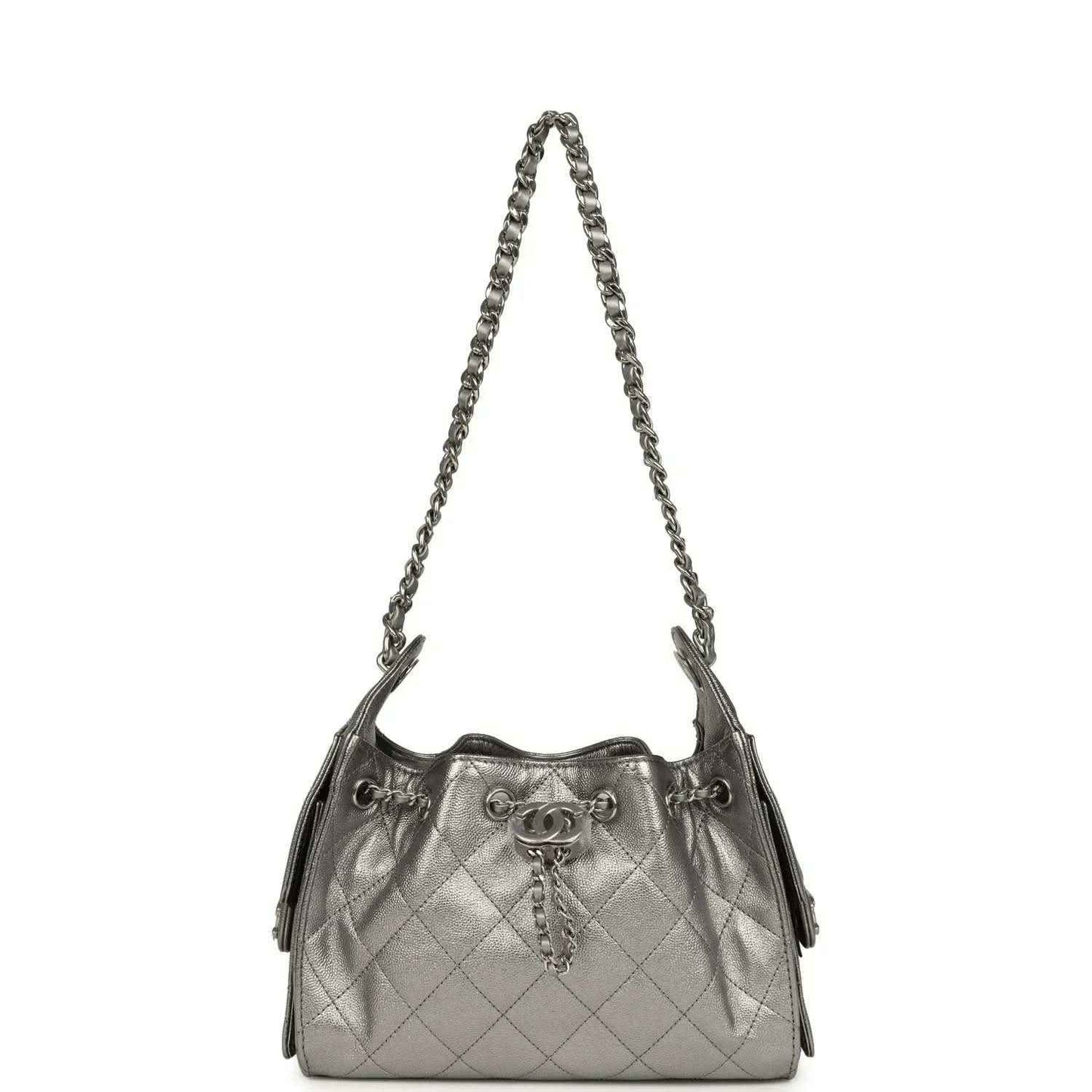Chanel Mini 25 hobo bag hanging profile, metallic quilted leather with braided chain strap
