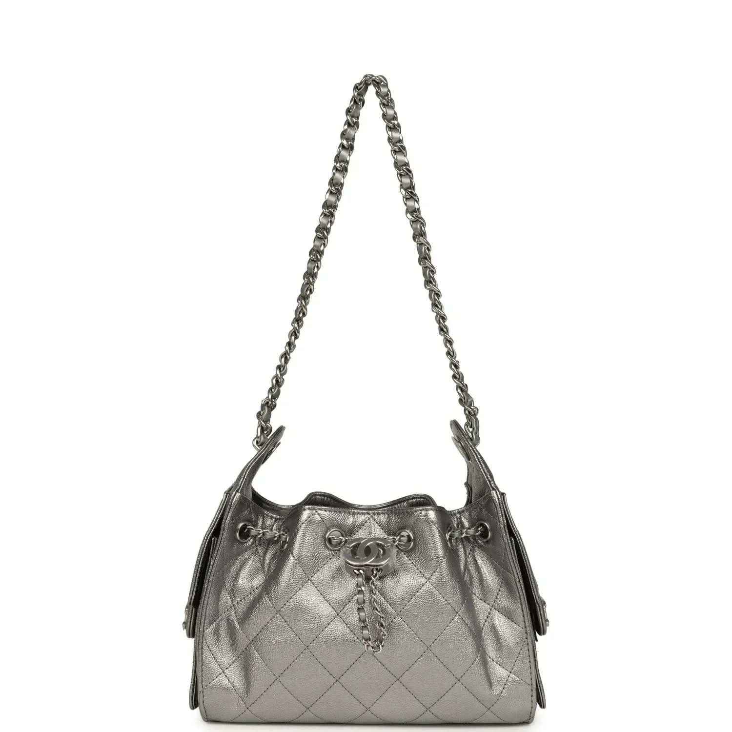Chanel Mini 25 hobo bag hanging profile, metallic quilted leather with braided chain strap
