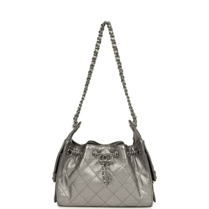 Chanel Mini 25 hobo bag hanging profile, metallic quilted leather with braided chain strap