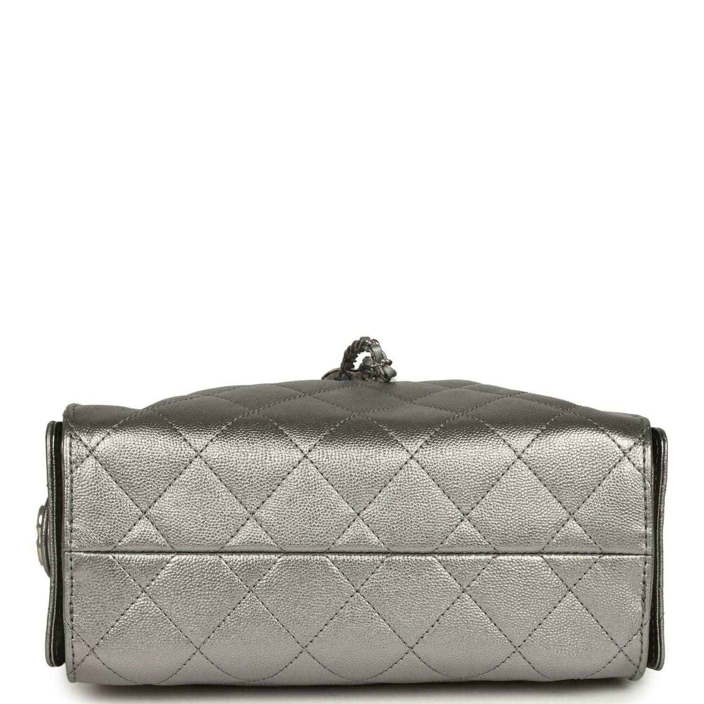 Chanel Mini 25 hobo bag back panel, quilted metallic leather with silver top attachments