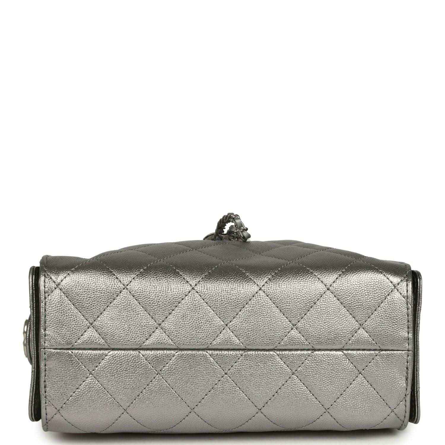 Chanel Mini 25 hobo bag back panel, quilted metallic leather with silver top attachments