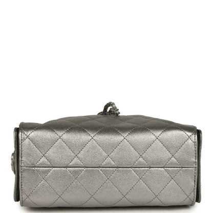 Chanel Mini 25 hobo bag back panel, quilted metallic leather with silver top attachments