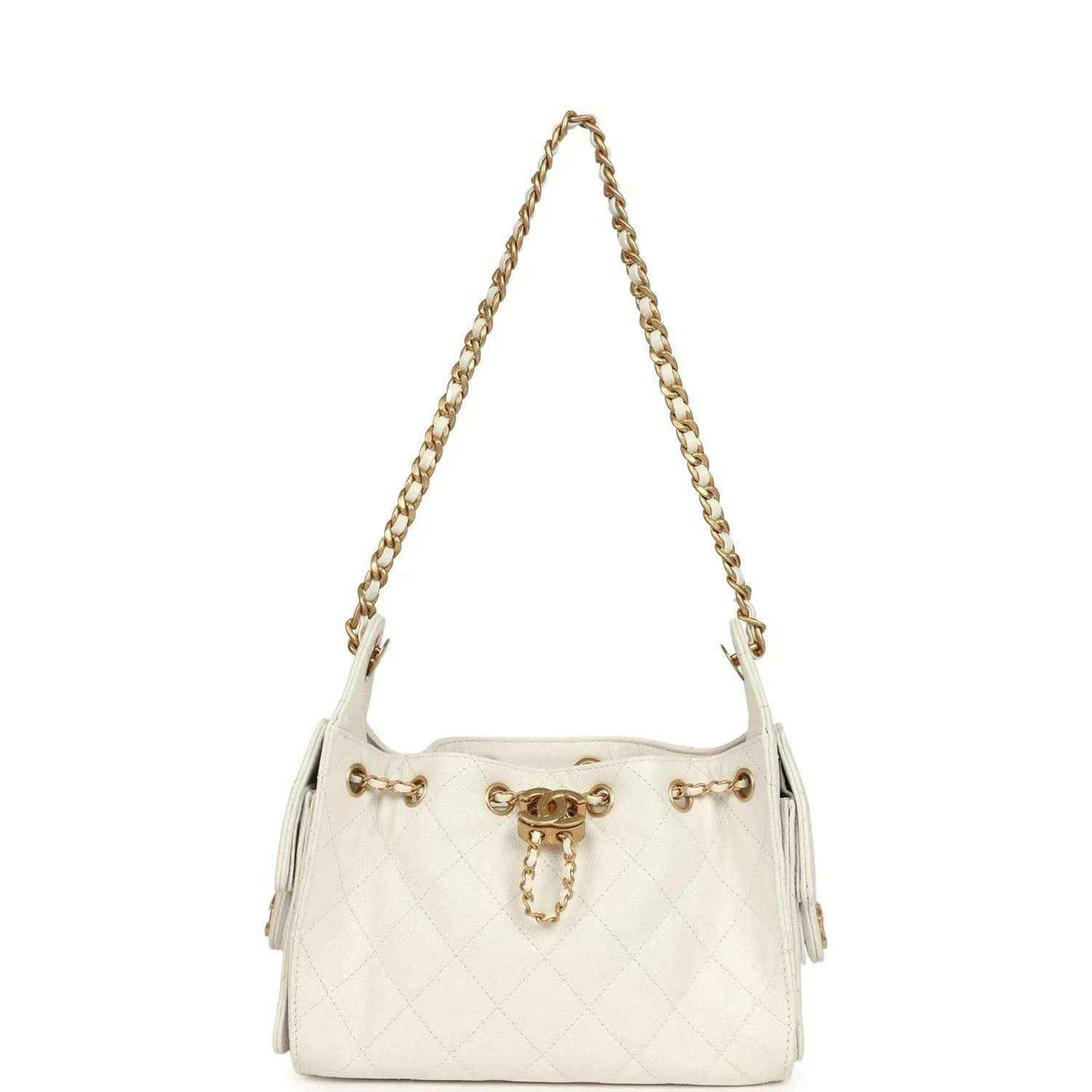Chanel mini hobo bag in white quilted leather with antique gold chain straps and front charm
