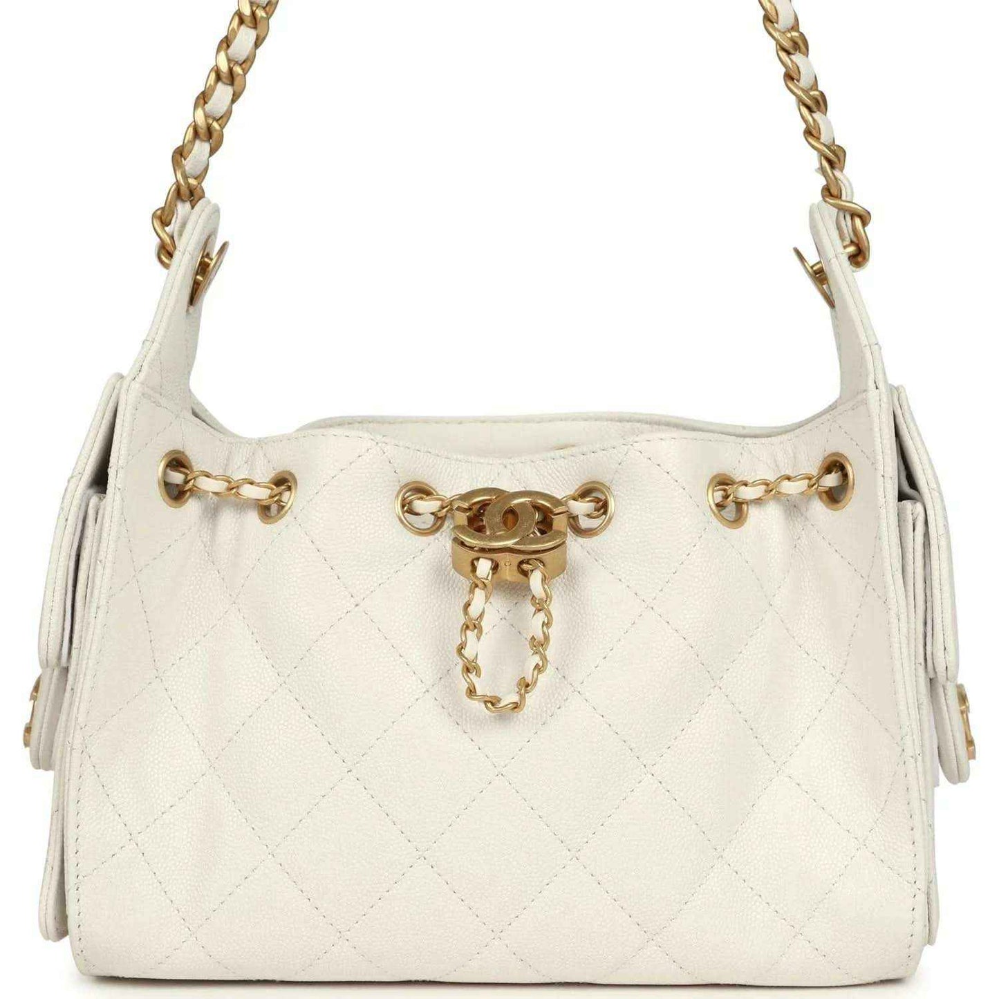 Chanel mini hobo bag in white quilted leather with antique gold chain straps and clasp